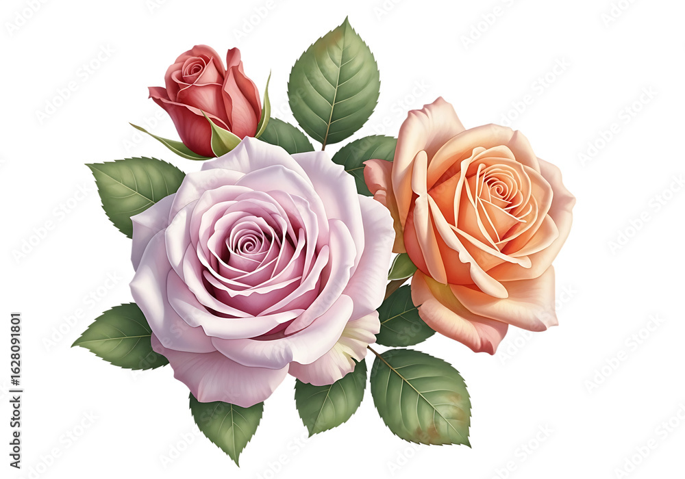 Fototapeta premium Assorted Pink, Orange, and Red Roses with Green Leaves - Isolated on Transparent Background