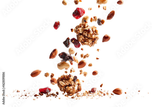 Flying granola bites and mixed nuts, berries, and seeds