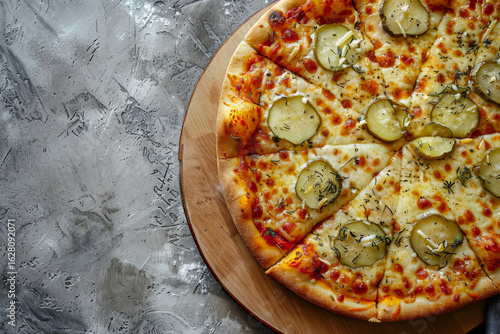 Top-down view of a freshly baked cheese pizza topped with sliced pickles and herbs, served on a wooden board. The golden crust and melted cheese contrast with the tangy pickles, creating a unique