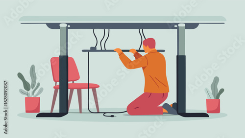 Man kneeling under an adjustable desk inspecting the cables with a chair and plants nearby in a room