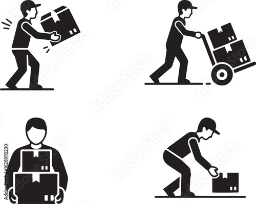 Box Handling Techniques Icon – Safe Lifting, Dolly Use & Injury Prevention Silhouettes
