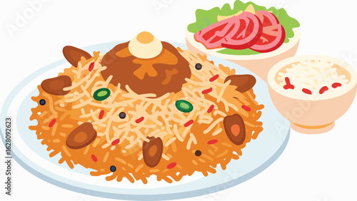 Illustration of a plate of biryani with meat and egg along with a salad and rice bowl on the side