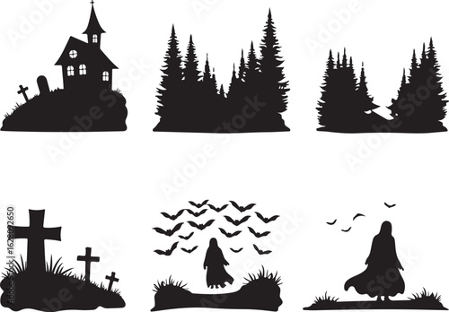 Spooky Halloween scenes with ghosts, graves, and haunted house