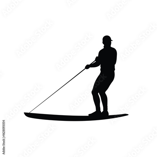 Silhouette of a man wakeboarding on a sunny day, isolated on white background he is holding a rope and riding the wave with skill and balance, enjoying the summer activity