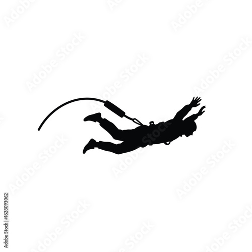 Silhouette of a man bungee jumping, isolated on white background he is in freefall, experiencing the thrill and adrenaline of this extreme sport, a risky and courageous adventure