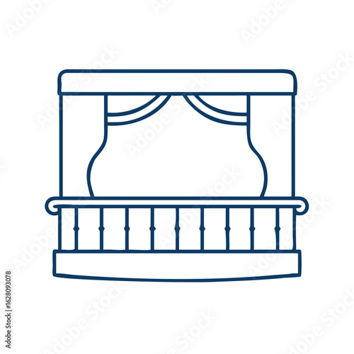 Decorative design of a theater balcony with curtains and railings in a linear style
