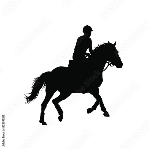 Silhouette of a horse and rider performing dressage, isolated on white background the horse is in motion, with the rider in a helmet and proper attire, showcasing equestrian sport