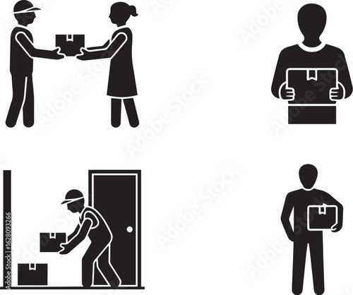 Parcel Delivery Icon Pack – Final Handoff, Doorstep Reception & Package Handling Silhouettes