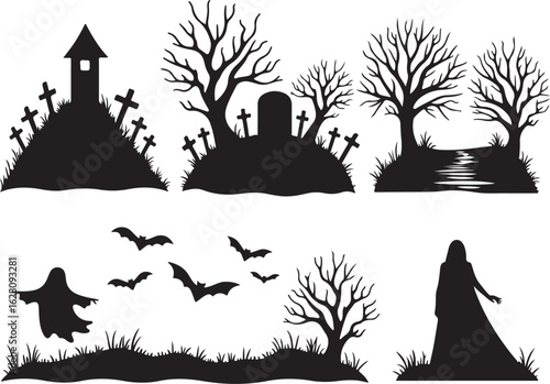 Spooky Halloween silhouettes, haunted graveyard, flying bats, ghost
