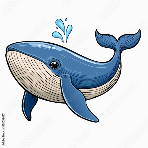 Whimsical Whale Illustration with Water Spout in a Cartoon Style over White Background