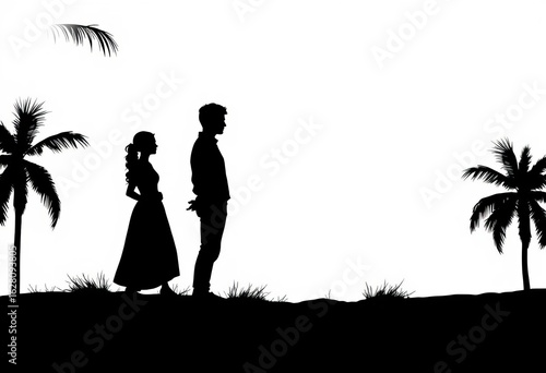 Retro ink silhouette of two figures standing, isolated on white, pair, design