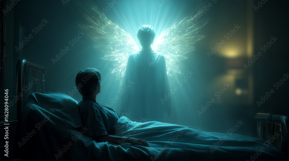 Fototapeta premium A glowing angel standing behind a hospital bed, comforting a patient