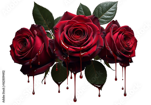  Dripping Red Roses and Dark Leaves - Isolated on transparent background