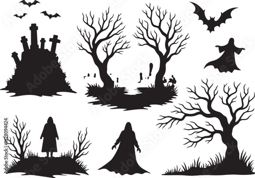 Spooky Halloween silhouettes hauntingly dark cemetery scene