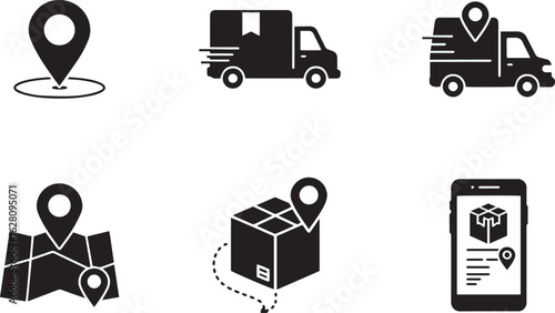 Delivery Tracking Icon Pack – Location Pins, Map Logistics, Mobile Parcel Monitoring & Courier Service Symbols
