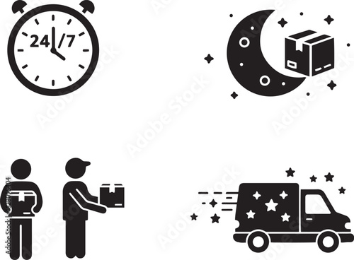 24/7 Delivery Icon Pack – Night Shipping, Nonstop Courier, Fast Dispatch & Time-Based Logistics
