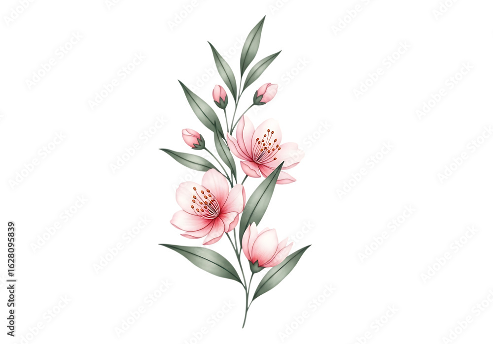 Obraz premium Watercolor Pink Cherry Blossoms Branch with Leaves - Isolated on transparent background