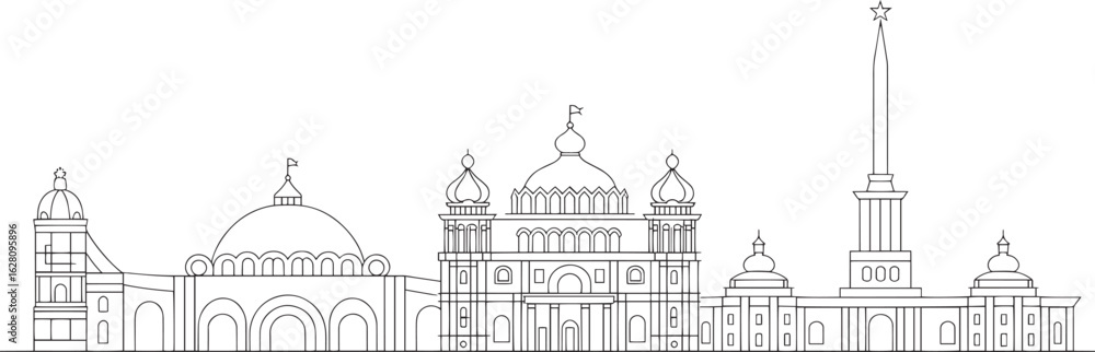 Fototapeta premium Detailed Cityscape Outline Vector Illustration of Saint Petersburg Skyline with Dome Design