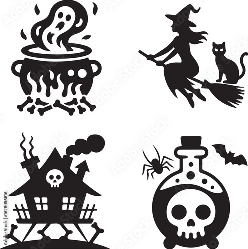 Halloween, witch, icon, set, magic, spooky, silhouette, vector, black, isolated, illustration, design, horror, fantasy, witchcraft