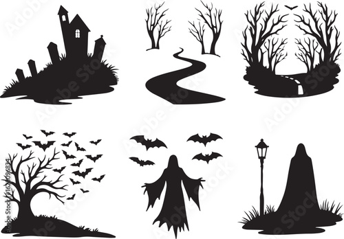Spooky Halloween silhouettes: haunted house, bats, ghost, trees