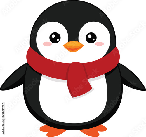 Cute Penguin Wearing Red Scarf Vector.