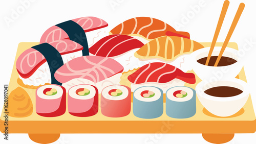 An assortment of sushi and maki rolls arranged on a wooden tray with soy sauce and chopsticks