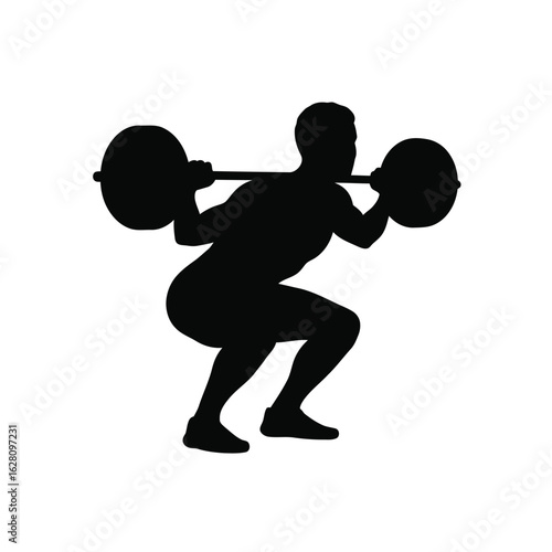 Silhouette of a man doing a barbell squat, a weightlifting exercise for fitness, strength, and bodybuilding isolated on white background