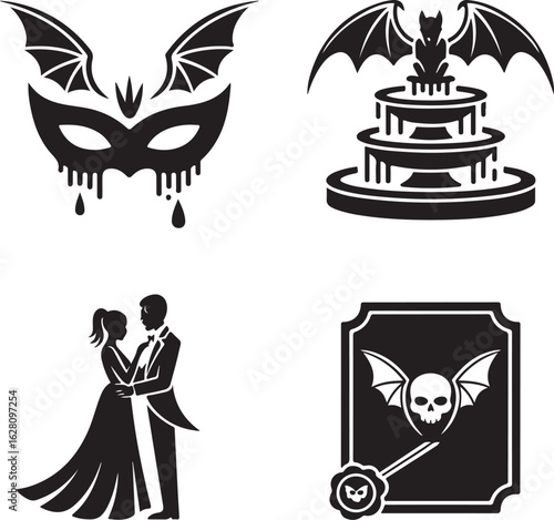 Vampire, ball, icon, set, gothic, party, silhouette, vector, black, isolated, illustration, design, halloween, horror, elegant, masquerade