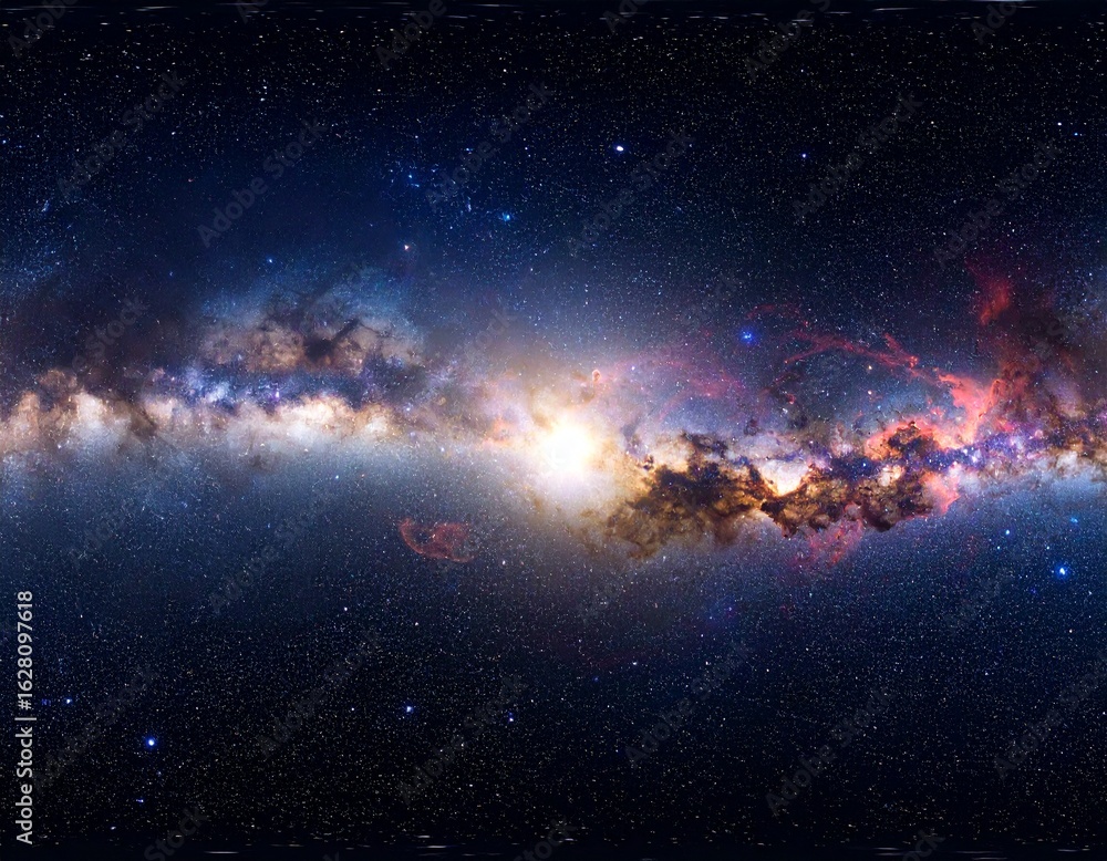 Obraz premium Equirectangular galaxy sky panorama with vibrant interstellar clouds and radiant star fields, designed for immersive 3D scenes