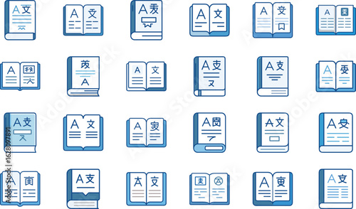 Collection of blue icons depicting books with asian language characters for education and literature