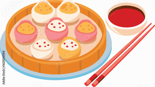 Illustration of a bamboo steamer filled with colorful dumplings accompanied by chopsticks and dipping sauce