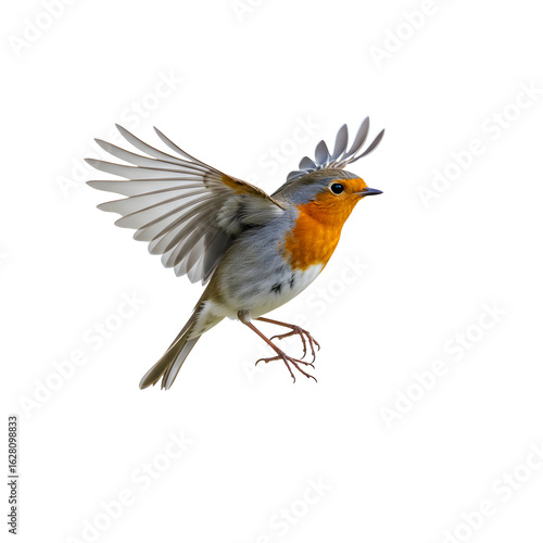 Flying european robin bird isolated on white or transparent background