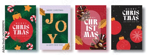 Colorful Christmas poster set with elegant typography, candy canes, ornaments, holly, pinecones, baubles, perfect for holiday decorations, greeting cards, seasonal design and winter design vector illu