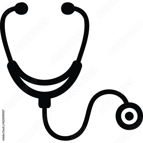 A simple black and white line drawing of a stethoscope used for medical examinations and healthcare needs silhouette