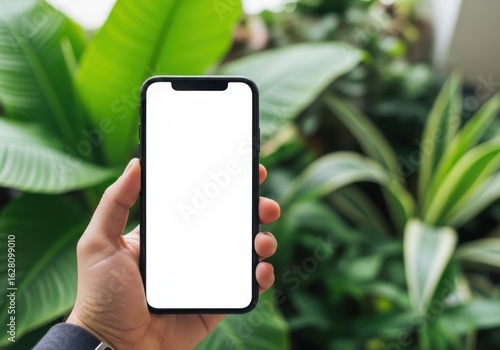 Hand holding smartphone with blank screen against green foliage