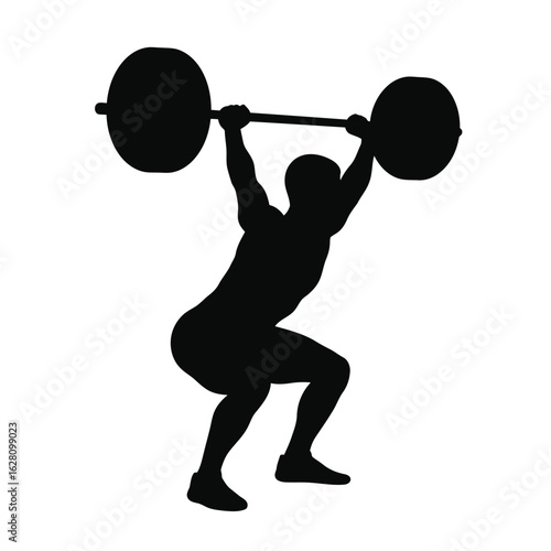 Silhouette of a weightlifter performing a squat with a barbell, isolated on white background, showcasing strength, fitness, and determination in a dynamic composition