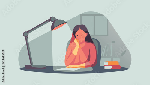 A woman sits at a desk under a lamp with books and a window in the background and appears thoughtful