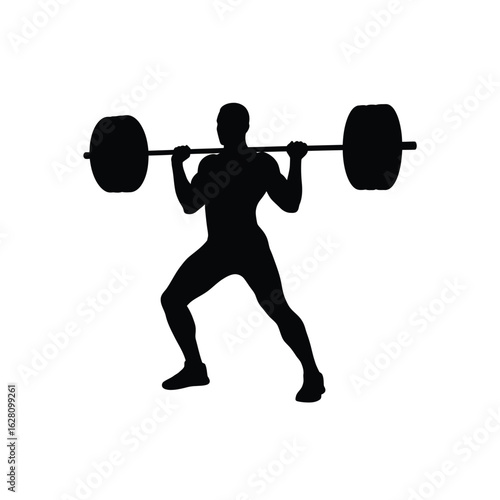 Silhouette of a weightlifter performing a squat with a barbell, isolated on white background, emphasizing the power, dedication, and physical prowess of the athlete