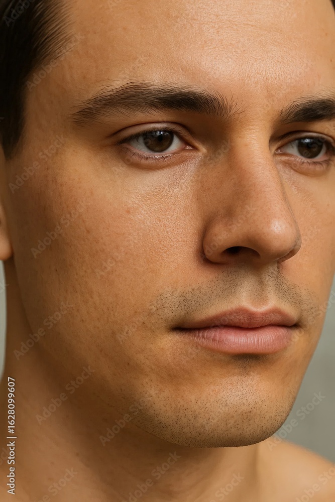 Obraz premium Close-up of young man's face with natural skin texture, neutral expression, and minimal grooming. Skincare, wellness, and self-care concept in soft lighting.