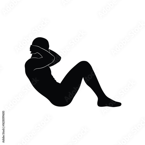 Silhouette of a man doing situps, isolated on white background, showcasing exercise, fitness, abdominal workout, sport, body health, and strength training