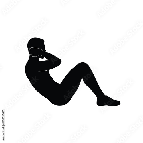 Silhouette of a man doing situps, isolated on white background, showcasing exercise, fitness, abdominal workout, sport, body health, and strength training