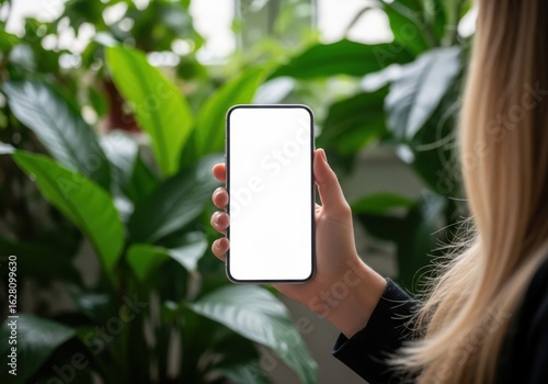 Woman holding a phone with a blank screen in front of plants