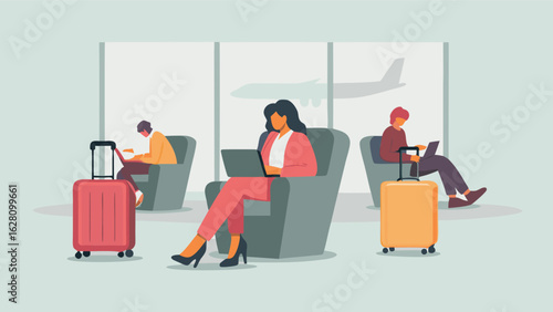 People waiting at the airport lounge using laptops with luggage and a plane outside the window