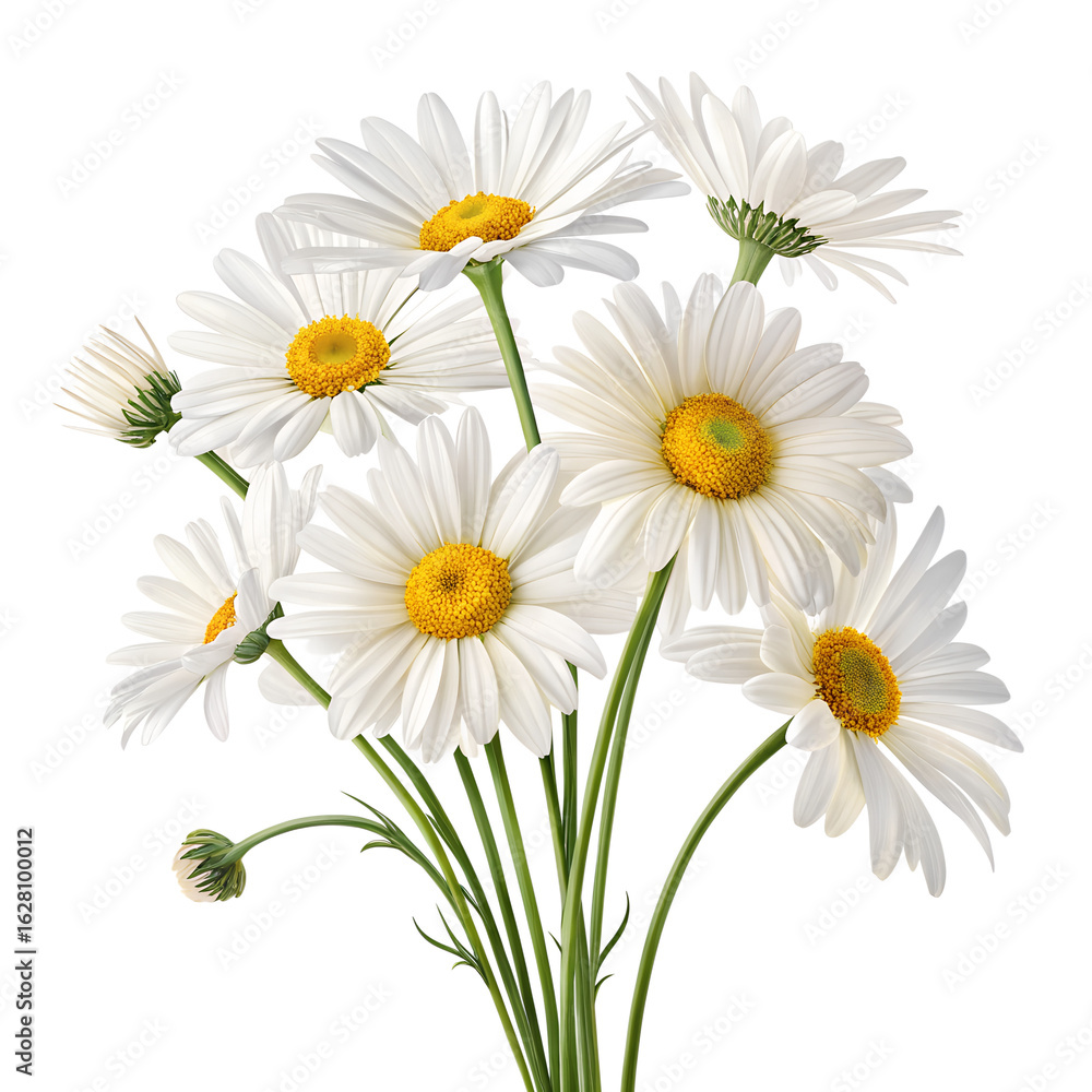 Fototapeta premium This bundle features multiple daisy flowers, each with bright white petals and cheerful yellow centers, elegantly arranged to create a fresh and lively aesthetic