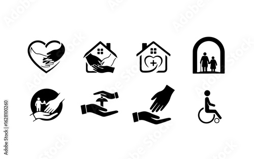 collection of Caregiver logo ideas set bundle, black and white, vector illustration, isolated on white background