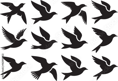 A collection of twelve flying bird silhouettes. Set of vector icons depicting swallows and martins in various flight poses.
