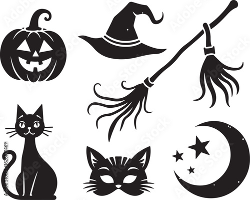 Spooky Halloween icons: pumpkin, cat, broom, moon & stars