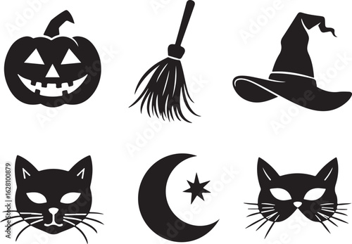 Spooky Halloween icons pumpkin broom witch hat black cats moon