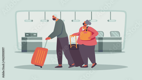 Elderly couple wearing masks walking with luggage in an airport terminal with check in counters behind them