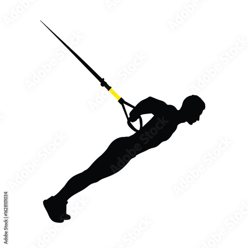 Silhouette of a man doing trx suspension training exercise isolated on white background, showcasing strength, fitness, and active lifestyle in a minimalist design